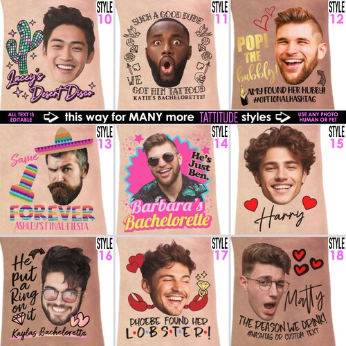 Personalized Bachelorette Party Tattoos with the Grooms Face (Pack of 20+)