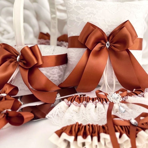 Rust Wedding Set: Flower Girl Basket, Ring Bearer Pillow, Cake Knife Set & Garter