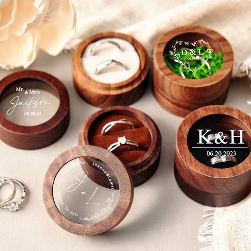 Personalized Wooden Wedding Ring Box with Clear Acrylic Cover