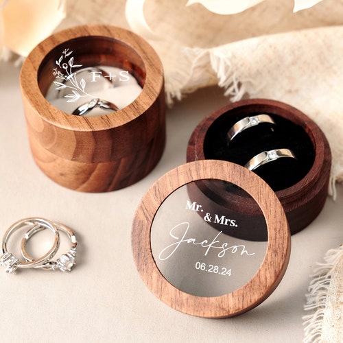 Personalized Wooden Wedding Ring Box – Custom Engraved Engagement Proposal Holder with Acrylic Cover