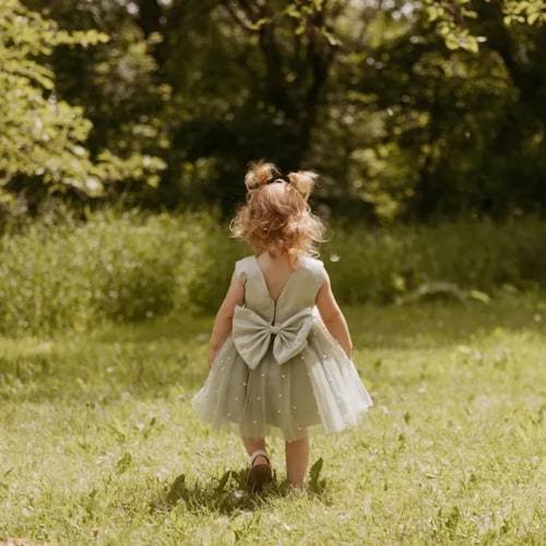 Sage Tulle V-Back Pearl Flower Girl Dress with Detachable Bow