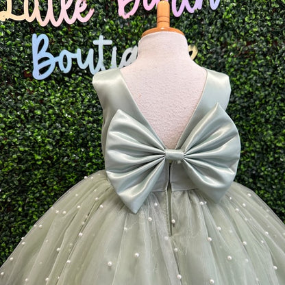 Sage Tulle V-Back Pearl Flower Girl Dress with Detachable Bow