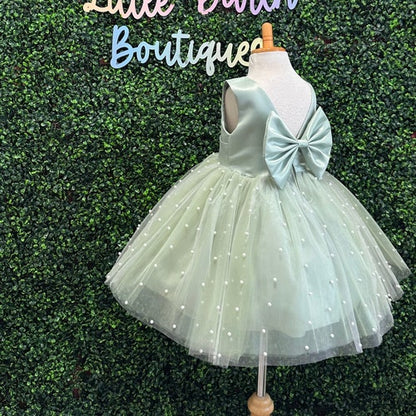 Sage Tulle V-Back Pearl Flower Girl Dress with Detachable Bow