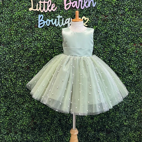 Sage Tulle V-Back Pearl Flower Girl Dress with Detachable Bow