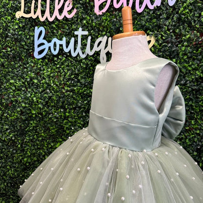 Sage Tulle V-Back Pearl Flower Girl Dress with Detachable Bow