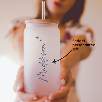 Personalized Frosted Glass Tumbler with Bamboo Lid