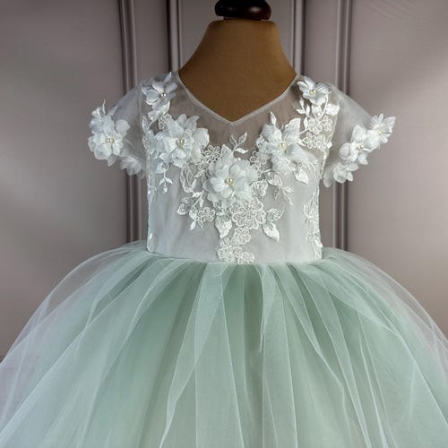 Sage Green Flower Girl Dress with 3D Flowers