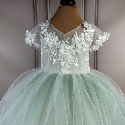 Sage Green Flower Girl Dress with 3D Flowers