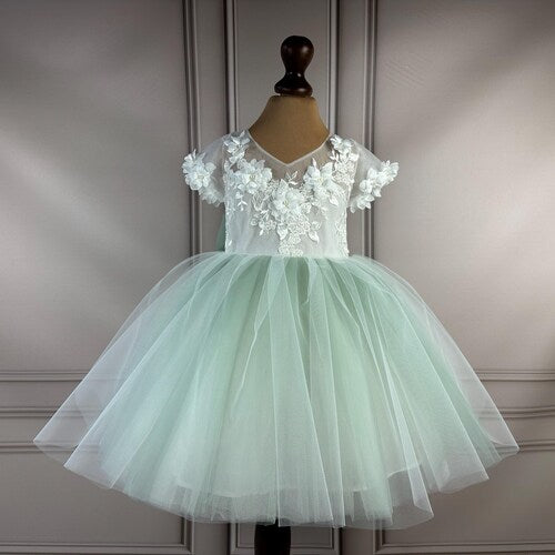 Sage Green Flower Girl Dress with 3D Flowers