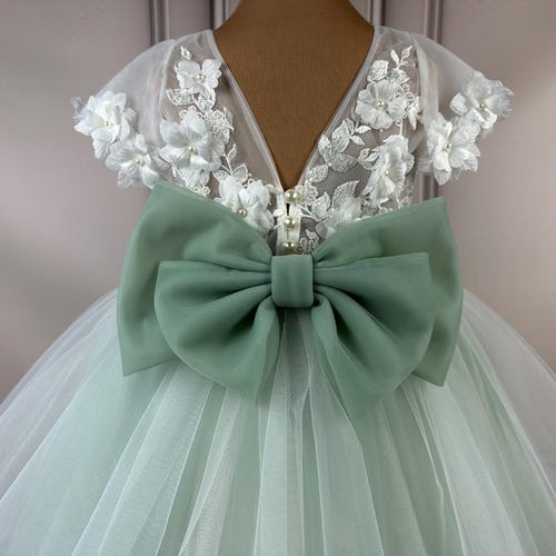 Sage Green Flower Girl Dress with 3D Flowers