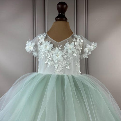 Sage Green Flower Girl Dress with 3D Flowers