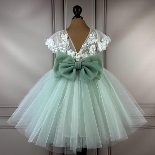 Sage Green Flower Girl Dress with 3D Flowers