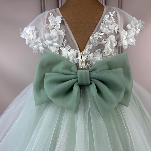 Sage Green Flower Girl Dress with 3D Flowers